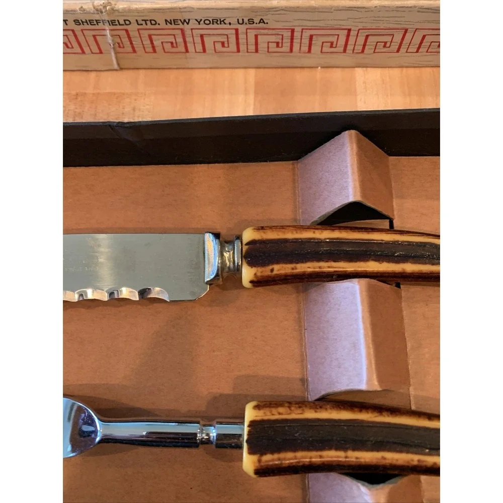 Vtg‎ MCM Warwick Cutlery Set Stainless Sheffield English Blades Faux Stag